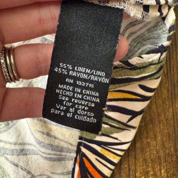 Zac & Rachel Linen Blend Tropical Print Button Front Blouse Large Boxy Casual - Picture 9 of 10